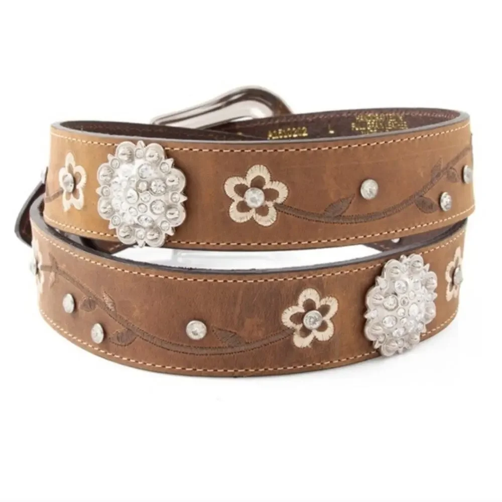 Ariat Genuine Leather Brown Embroidered Flowers Rhinestone Conches Belt Womens L